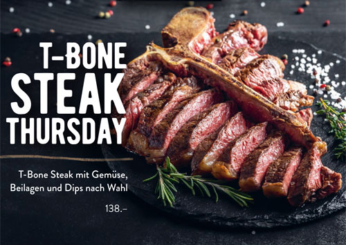 T-bone steak with vegetables, side dishes, and dips of your choice.